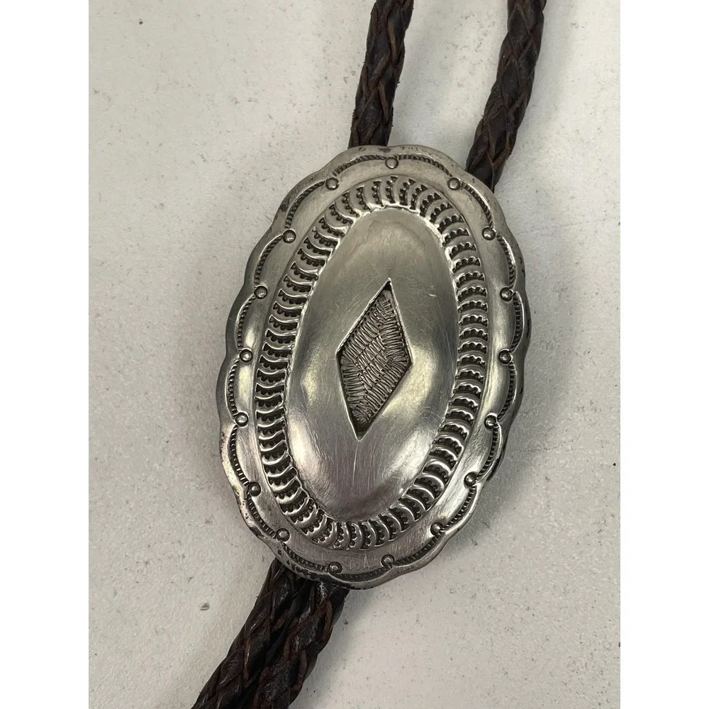 Southwestern Oval Bolo Tie Silver Tone Brown Leather Adjustable 19.5in Men